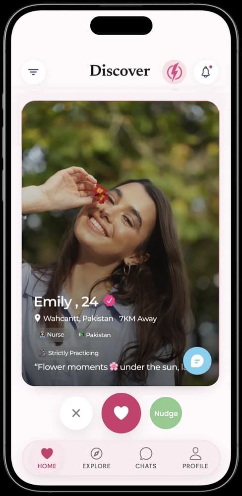 Muslim Hearts Discover screen showing a verified profile card
