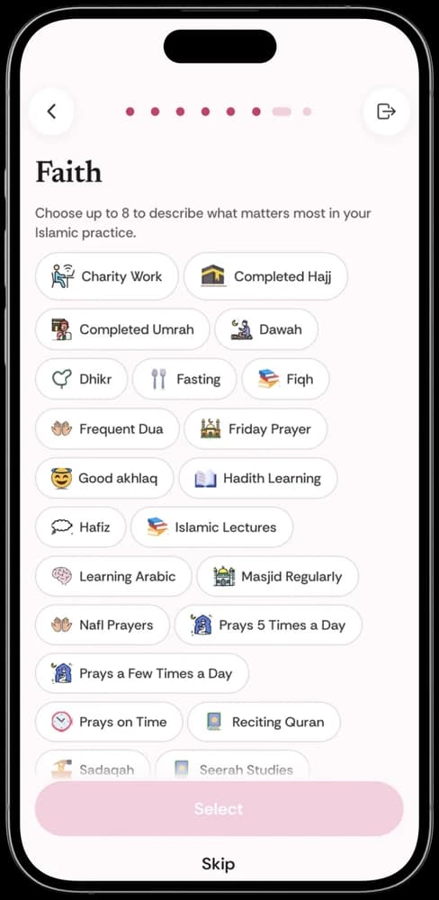 Muslim Hearts profile screen with faith details selected as chips