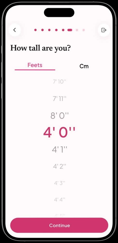Muslim Hearts profile setup screen asking how tall you are